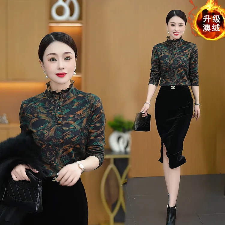 冬季新款2024升级澳绒印花磨毛保暖打底小衫中年女装洋气妈妈长袖