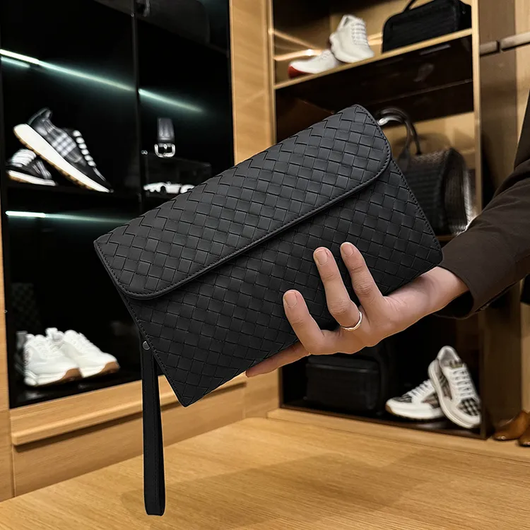 BV【胎牛皮】男士加厚手工编织手拿包头层牛皮手抓包