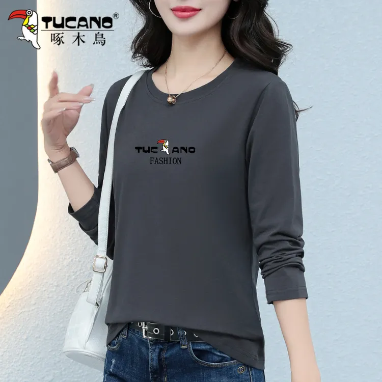 【官方】啄木鸟长袖打底衫女士秋季2023年新款休闲显瘦简约圆领上衣