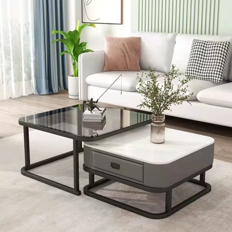 2024新款岩板茶几组合方形网红茶色玻璃客厅家用小户型轻奢茶几桌