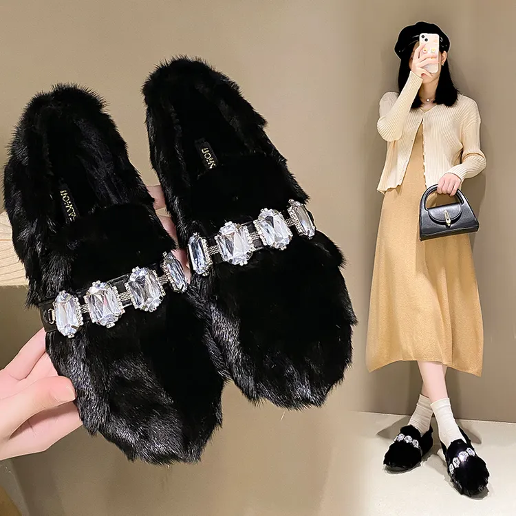35-42码真水貂毛毛鞋2025冬季新款加绒保暖瓢鞋时尚水钻豆豆棉鞋