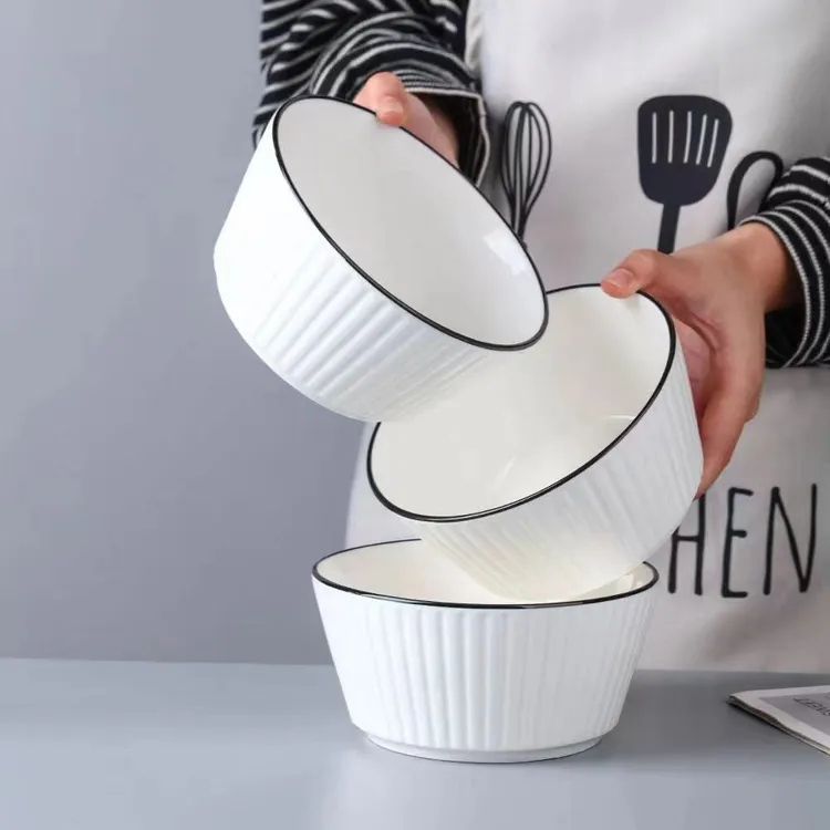 吃面碗家用陶瓷6英寸新款大号竖纹平底瓷碗泡面碗简约餐具大饭碗