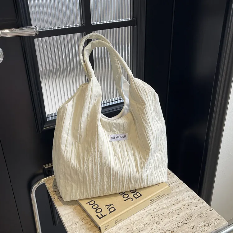 ins大容量托特包女2024新款夏季条纹车缝线日系简约单肩包休闲包