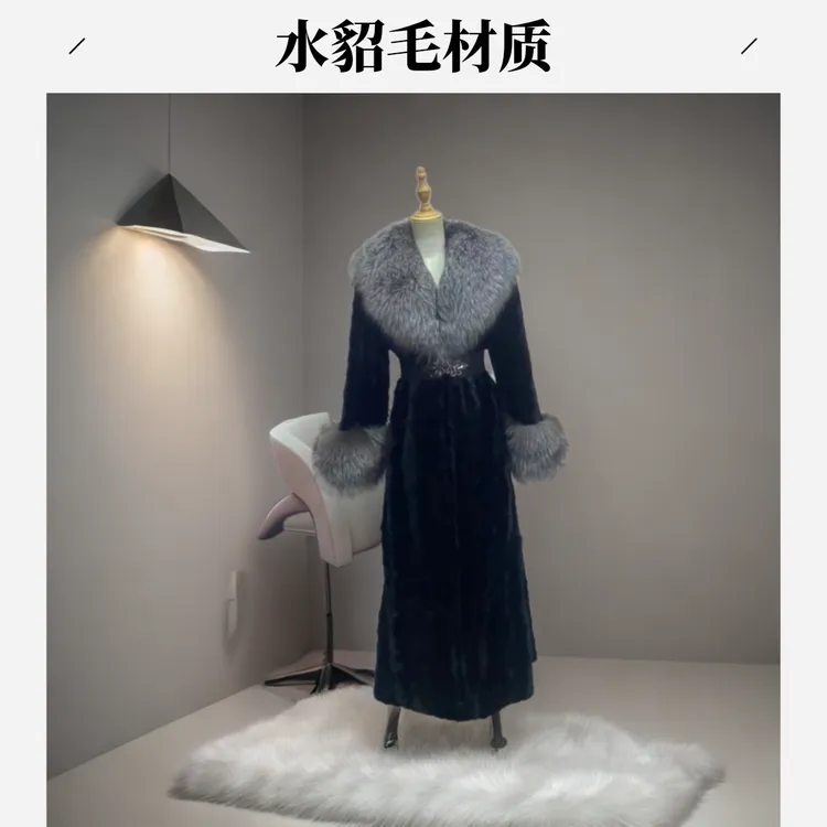 水貂毛长款皮草大衣银狐大毛领轻奢时尚气质女士高端v领长1米2长