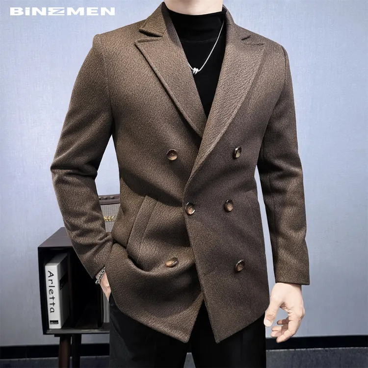 赫本风修身双排扣大衣男款冬季加厚韩系西装领保暖含休闲西装