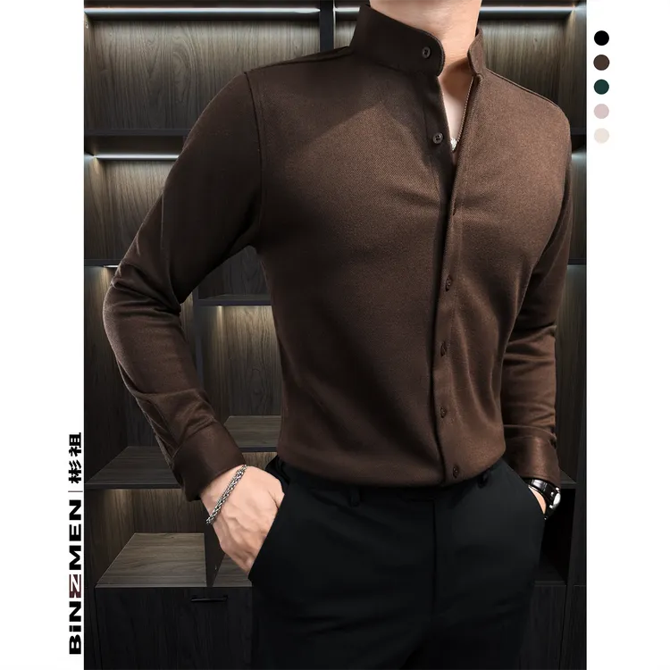 中国风磨毛毛呢立领长袖衬衫男款中山领商务休闲风保暖衬衣秋冬款