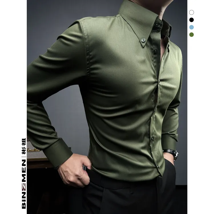 长袖大尖领男士衬衫绿色商务高级感休闲男装纯色修身大领衬衣男款