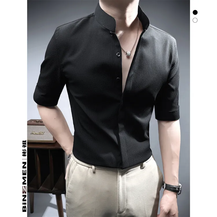 彬祖新国风立领华夫格半袖衬衫男款夏季舒适气质暗扣男士冰丝衬衣