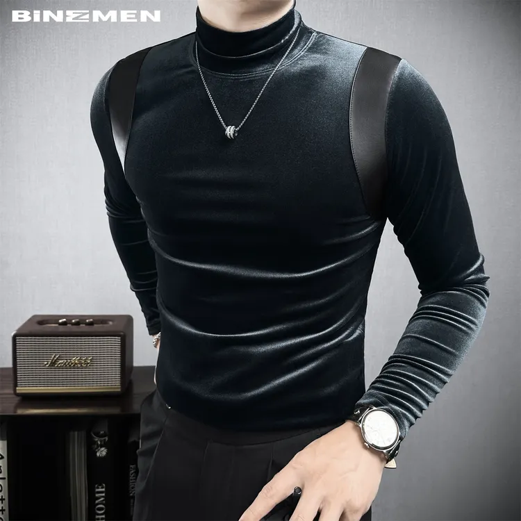 丝绒半高领拼接内搭打底衫男款秋季修身长袖小众半高领男士打底衫