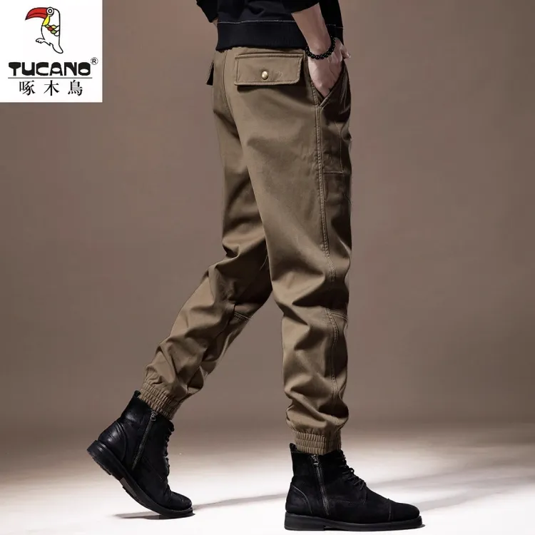 啄木鸟高端潮牌工装裤子男秋冬季加绒宽松大码束脚裤美式休闲裤男
