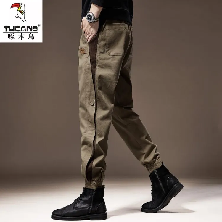啄木鸟高端拼接工装裤子男2025秋冬加绒束脚裤宽松痞帅休闲裤男潮