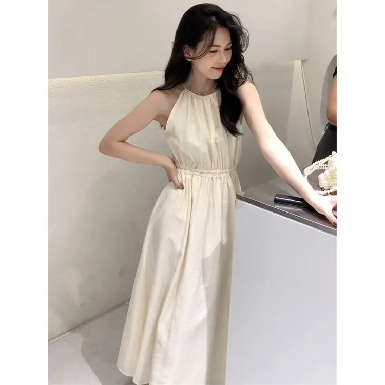 法式气质吊带连衣裙女夏季白色名媛风露背高级设计感背心无袖长裙