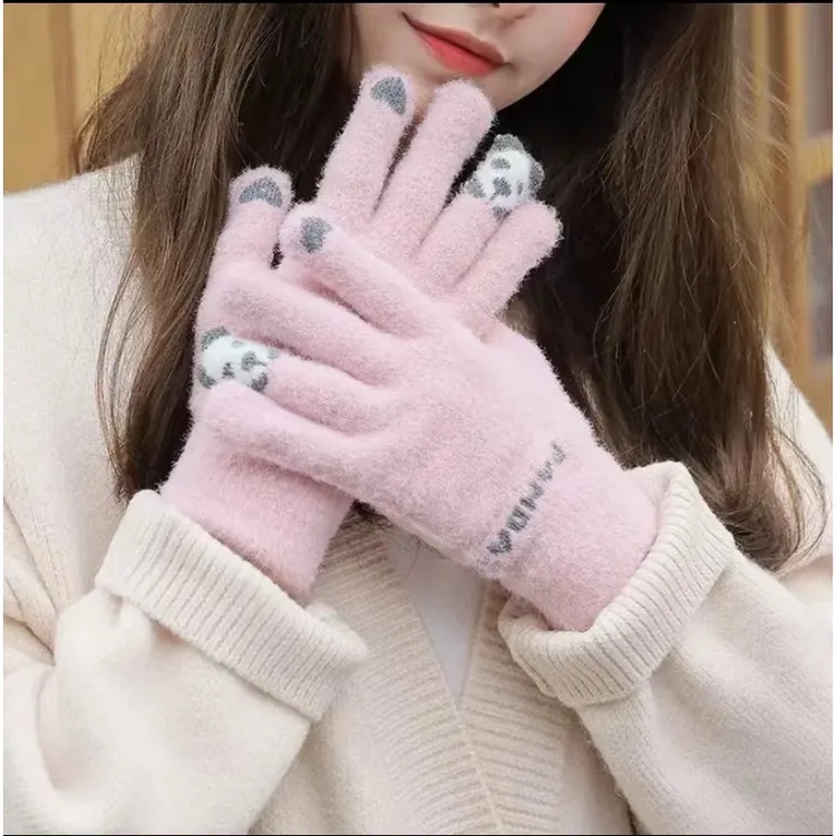 可爱熊可触屏加绒手套卡通学生写字加绒加厚保暖手套户外防寒骑行