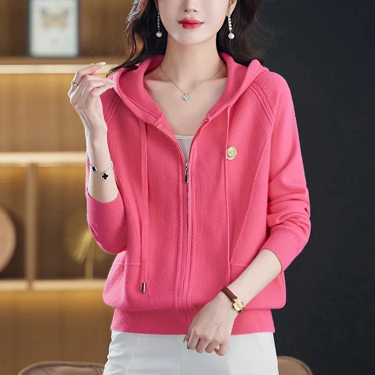 小香风拉链连帽外套百搭好看带帽女装毛衣开衫春秋宽松针织衫气质
