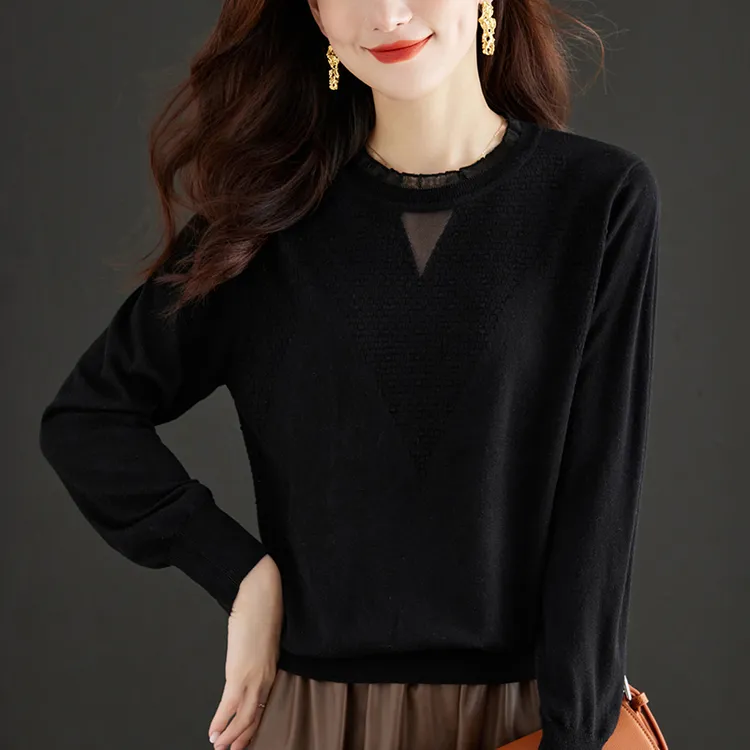 黑色打底衫女2024春季新款高级感针织衫上衣春秋内搭薄款毛衣洋气