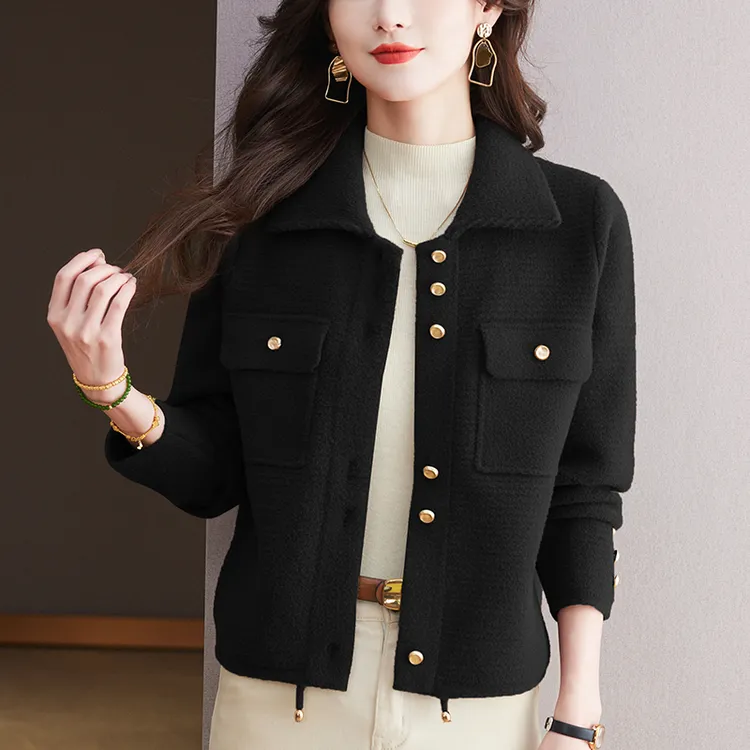 翻领短款毛呢外套时髦休闲百搭开衫2025新款秋冬外搭妈妈装针织衫