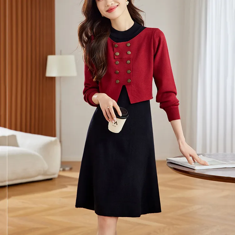 法式假两件连衣裙中长款气质减龄女装毛衣裙秋冬洋气时尚裙子新款
