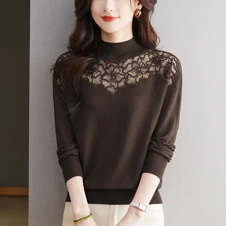 蕾丝别致女装洋气绣花薄款针织衫洋气减龄百搭打底衫时尚镂空上衣