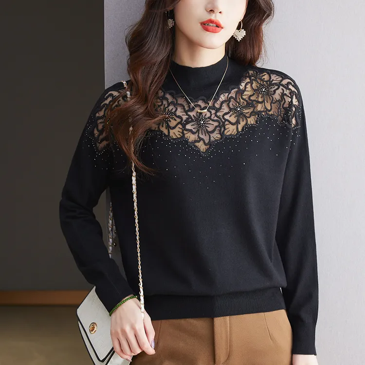 蕾丝打底衫女春秋新款镂空毛衣薄款黑色针织小衫洋气减龄短款上衣