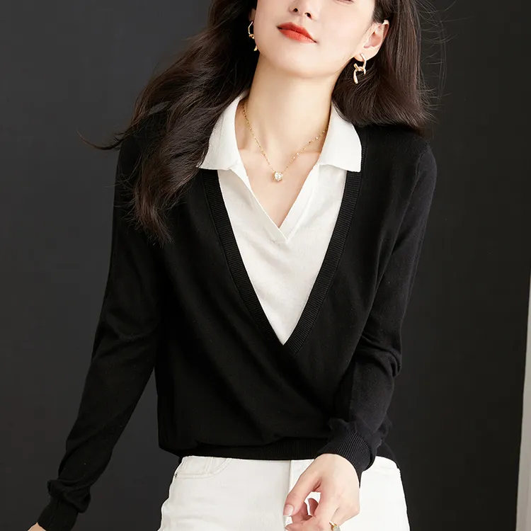 春秋针织假两件上衣女2025新款女春装毛衣宽松外穿薄款打底衫内搭