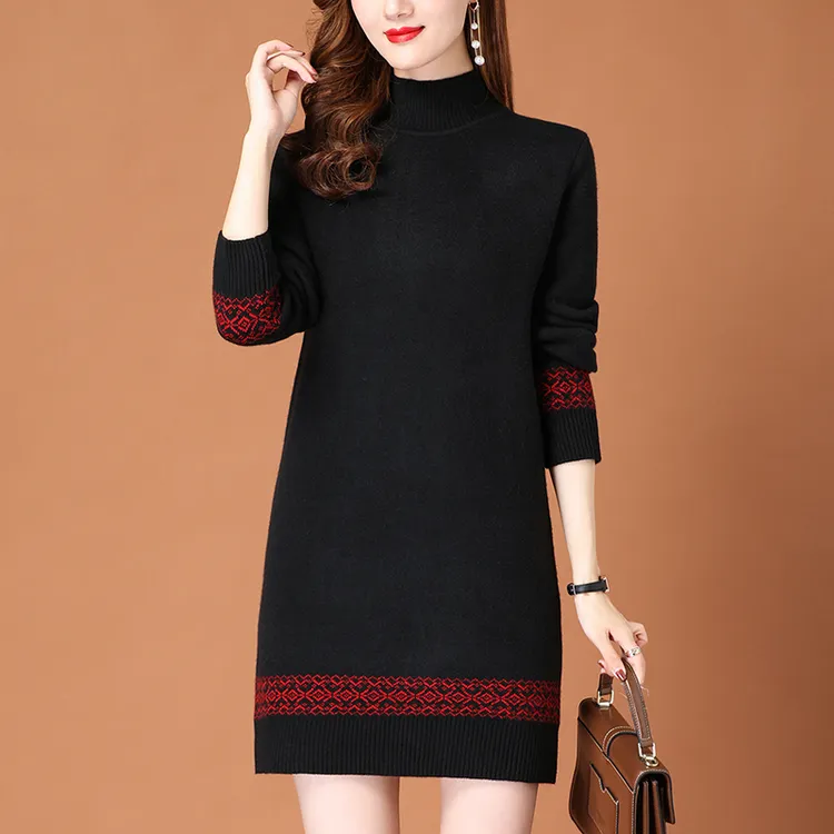 一体绒毛衣女秋冬长款洋气百搭针织连衣裙中年妈妈打底衫加绒加厚