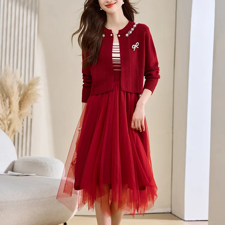 气质拼接连衣裙时尚小香风提花披肩外搭配裙子时尚两件套2025新款