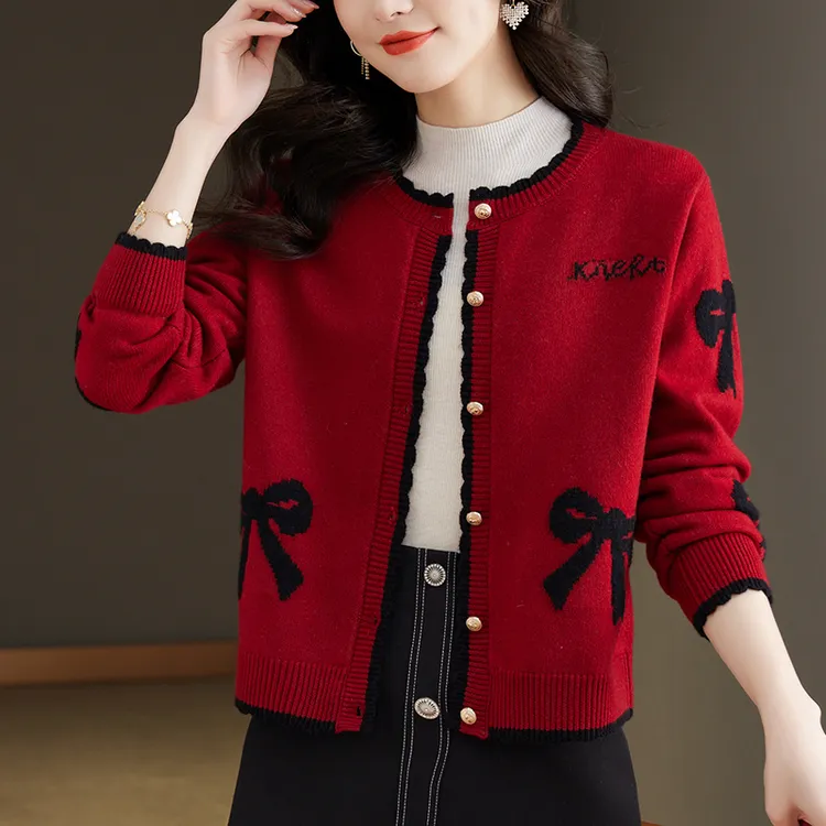 小香风蝴蝶结毛衣外套女春秋印花木耳边针织开衫外搭漂亮好看上衣