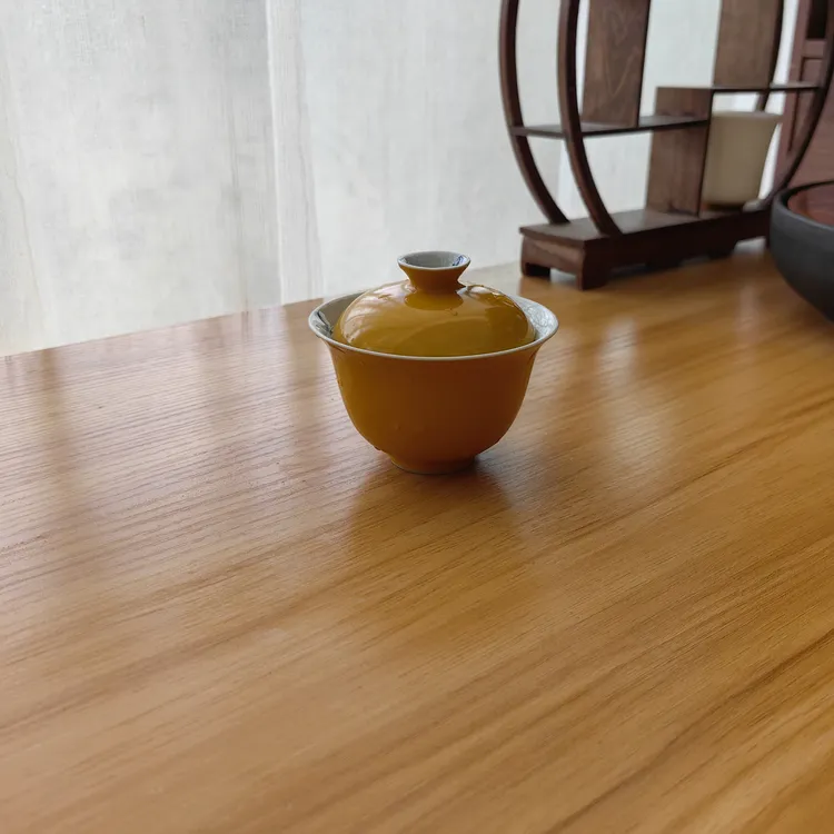 手绘颜色釉黄釉隐竹二才盖碗