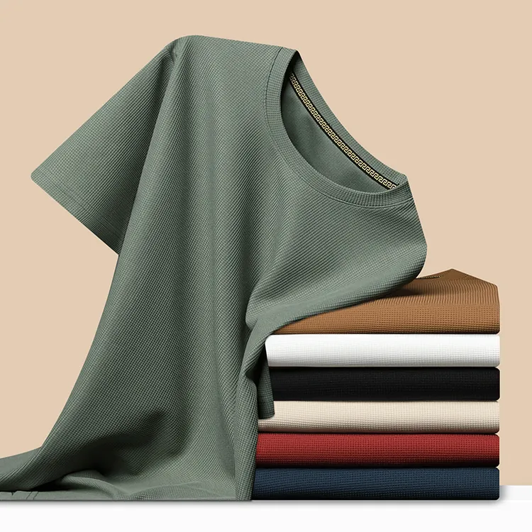 【买一送一】2023高档男士短袖华夫格T恤夏季薄款透气圆领T恤衫