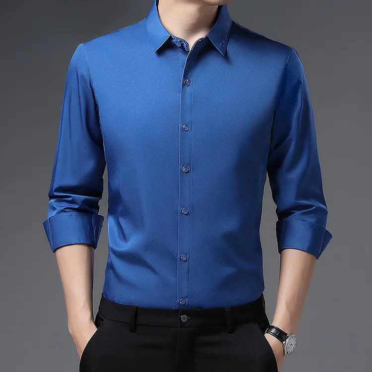 2024新款时尚男士商务衬衫长袖高档休闲无痕纯色刺绣上衣中年M02