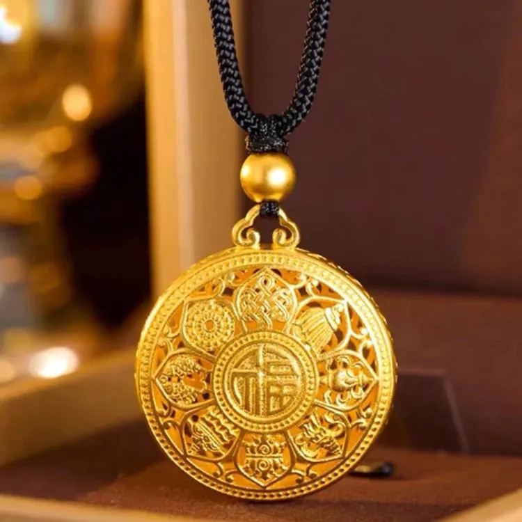 铜合金布艺吊坠 八宝福字莲花吊坠镂空莲花金色罗盘平安扣项链潮