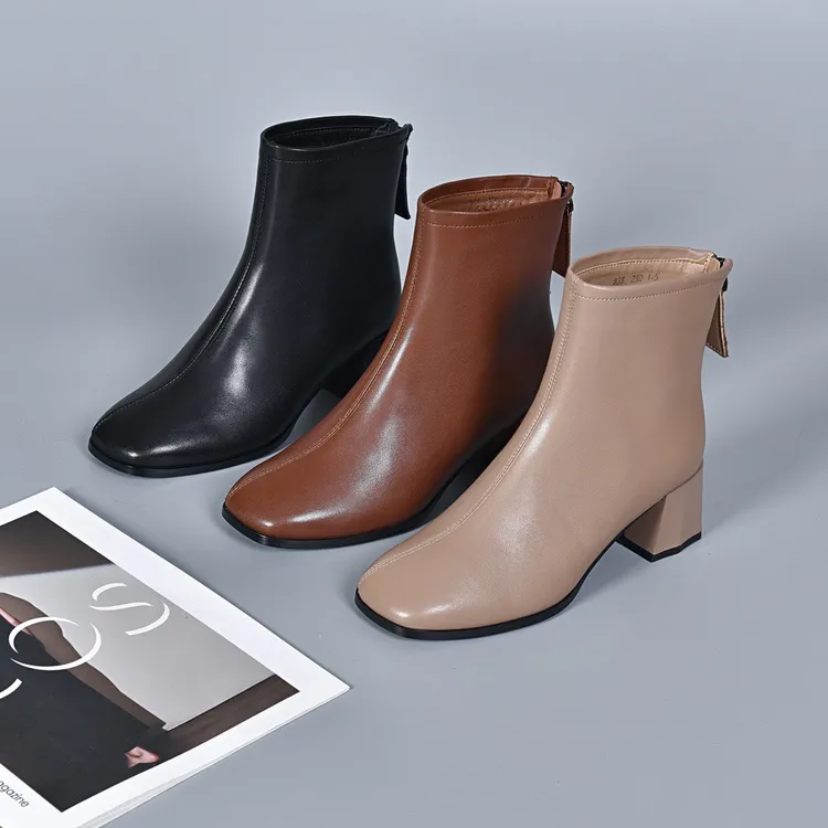 2025新款真皮短靴女牛皮方头皮鞋秋冬季粗跟加绒马丁靴英伦风单靴