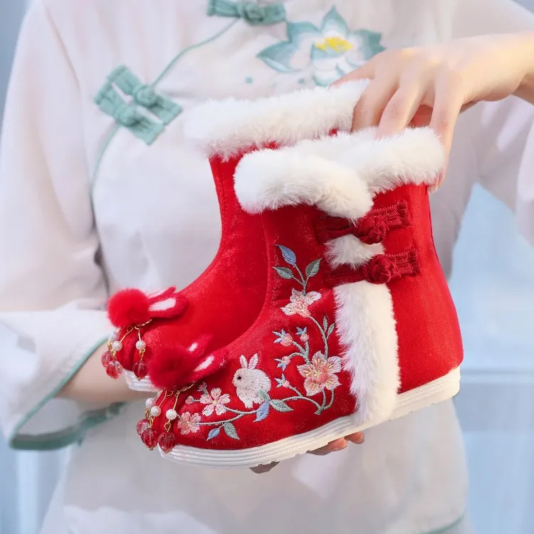 汉服鞋子女童冬季中国风儿童红色棉靴古装绣花鞋民族风靴子舞蹈靴