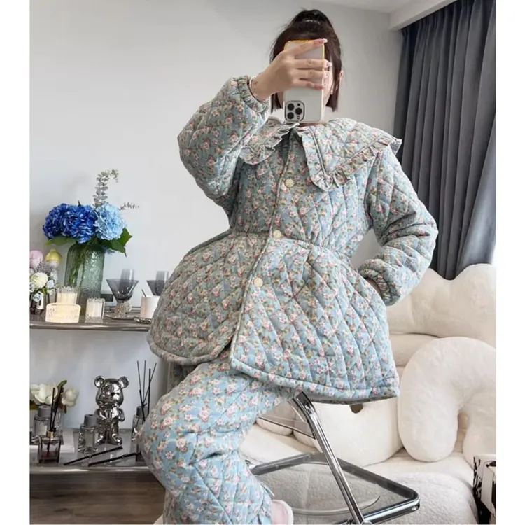 100%纯棉三层夹棉睡衣女秋冬季韩版加绒珊瑚绒加厚家居服公主风
