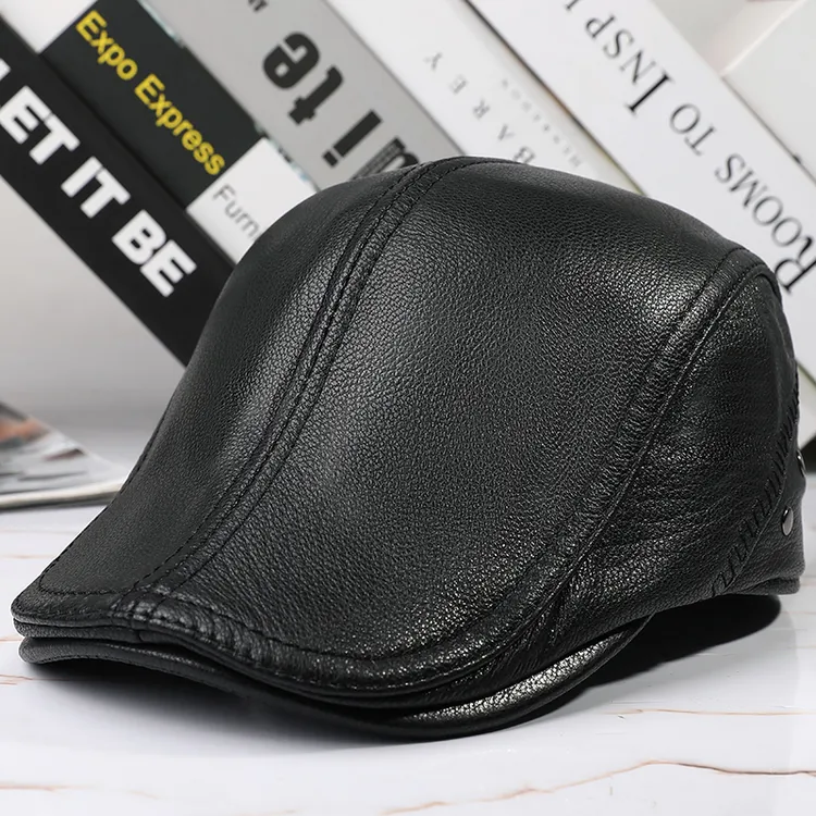 海宁真皮帽子秋冬季中年男士羊皮贝雷帽遮阳户外休闲百搭鸭舌皮帽