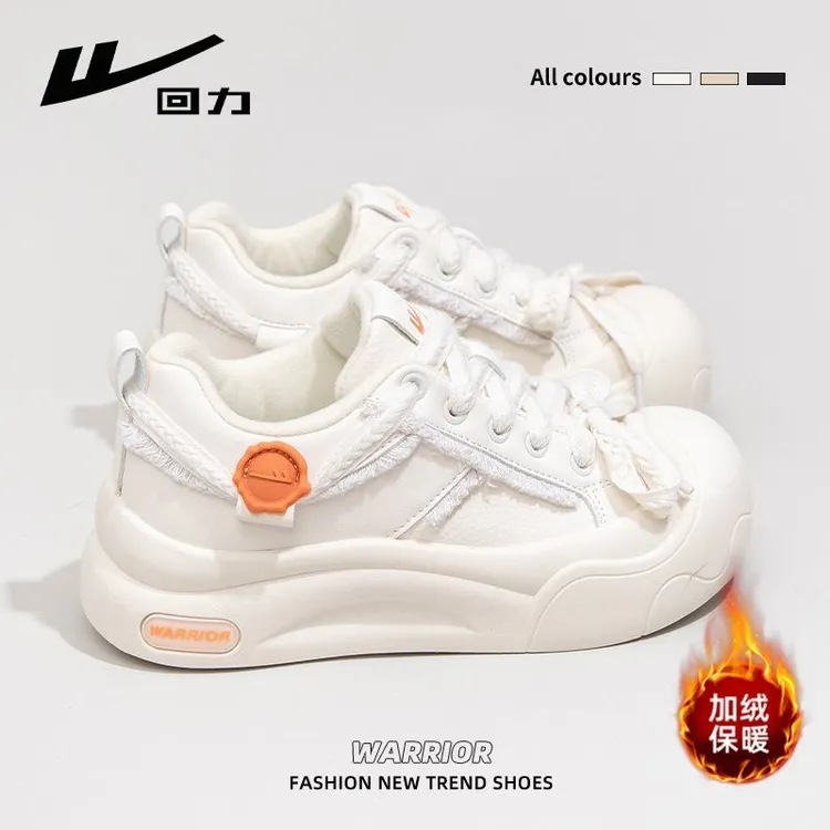回力加绒小白鞋女2025冬季新款厚底棉鞋百搭板鞋大头丑萌面包鞋子