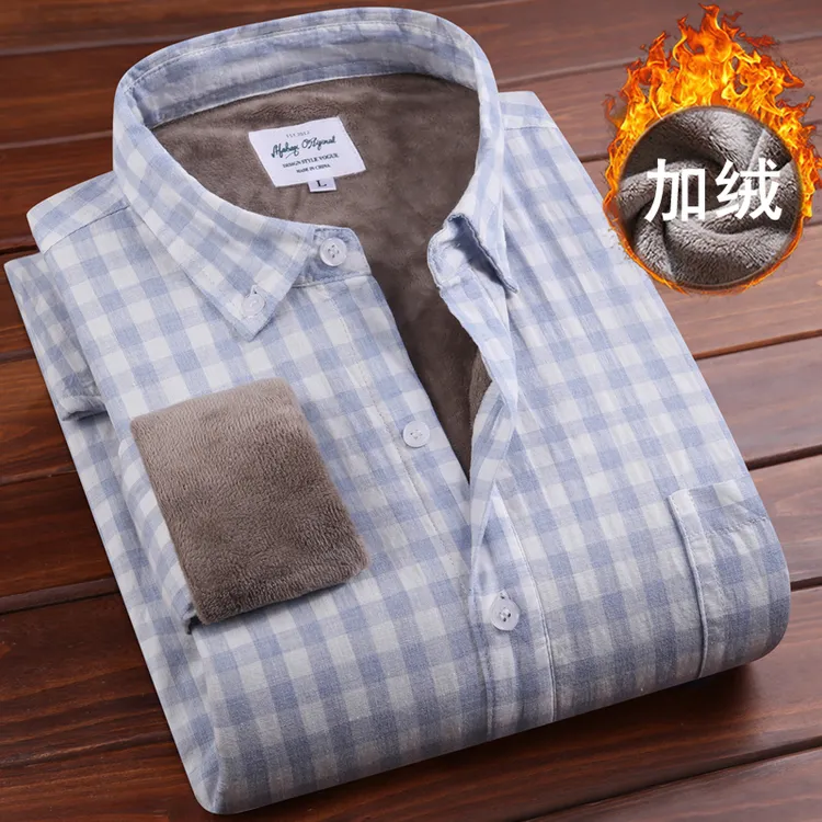 秋冬新款格子加绒加厚保暖衬衫男纯棉细格子保暖衬衣男休闲长袖
