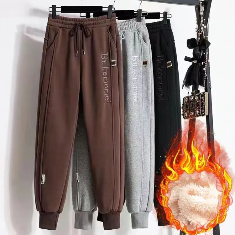 [轻奢]加绒款刺绣字母卫裤宽松束脚休闲裤运动裤韩版高腰保暖