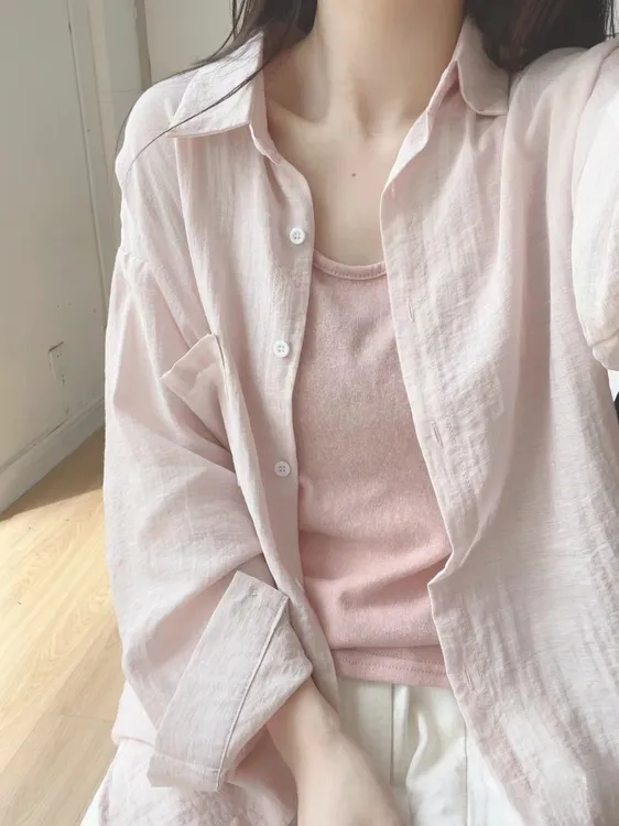 法式chic薄款小清新纯色衬衫女夏季小个子慵懒风宽松防晒衬衣开衫