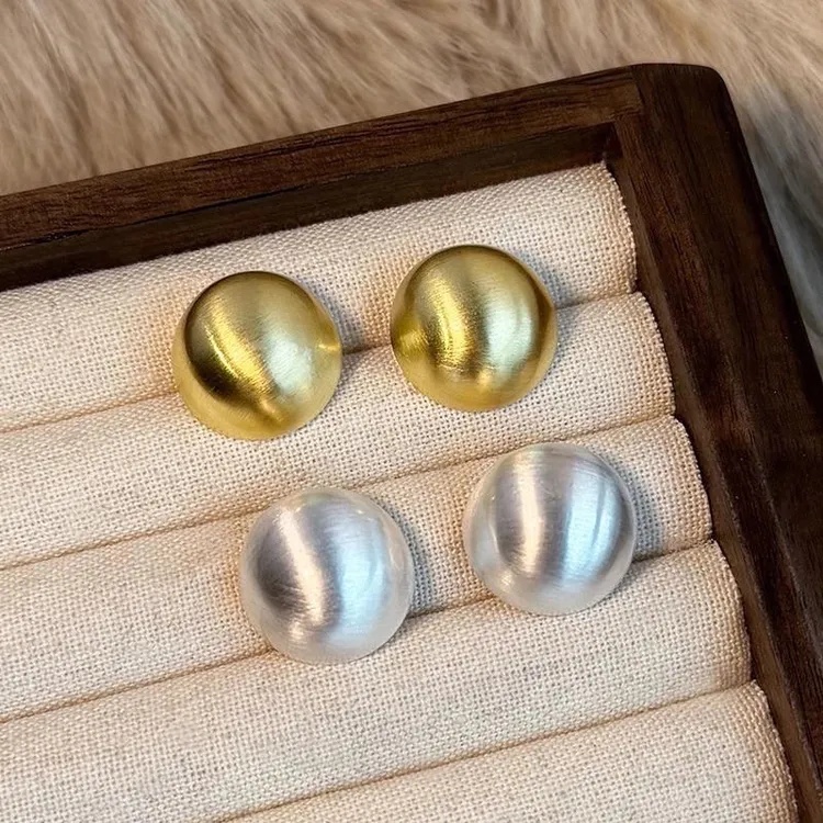 铜合金耳饰 港风复古磨砂拉丝圆弧925耳钉潮轻奢小众高级耳环简约