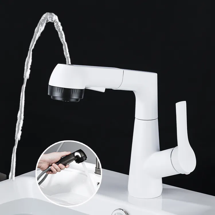 面盆白月光水龙头白色抽拉式万向上出水漱口卫生间洗手盆防溅伸缩