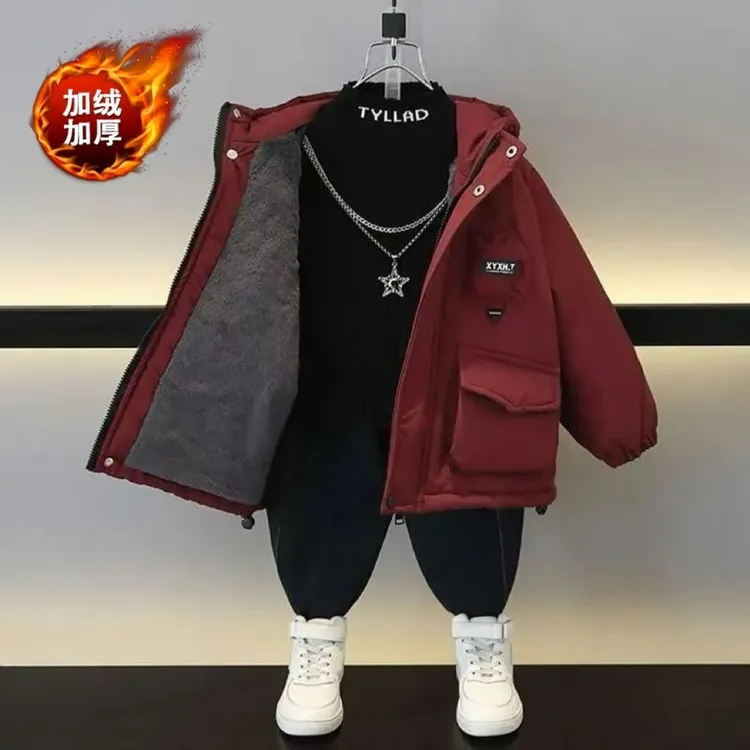男童冬季夹棉冲锋衣棉服2024新款棉衣儿童加绒冬装加厚外套克服