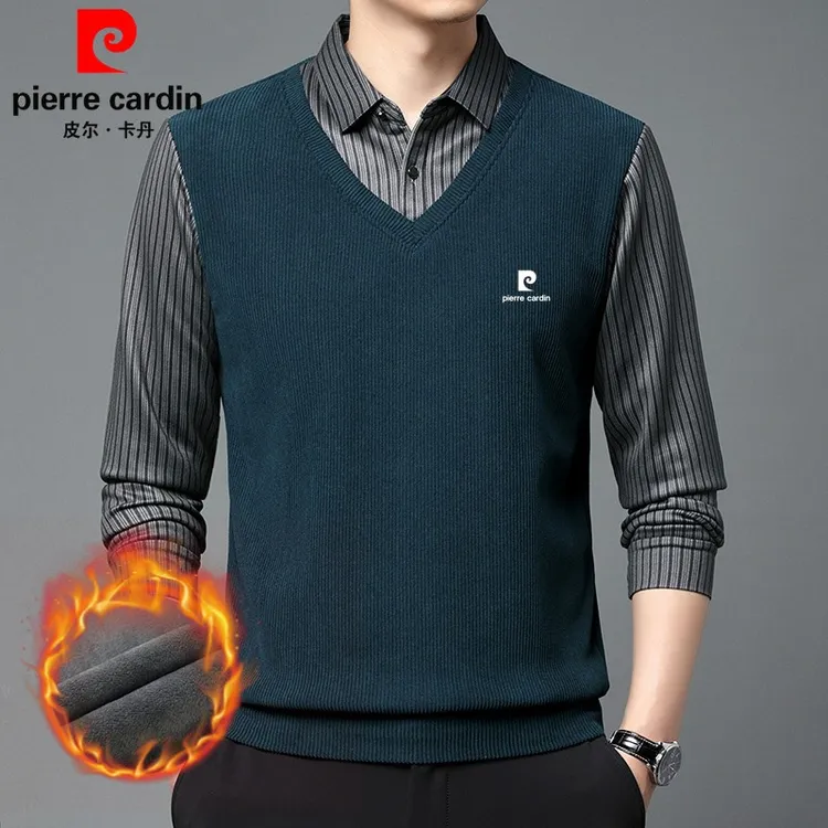 皮尔卡丹秋冬季假两件加绒加厚男士商务休闲针织衫高档时尚长袖男