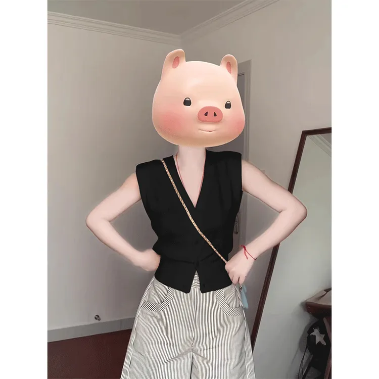 高级感黑色V领短袖针织衫T恤夏季穿搭薄款设计感修身正肩短款上衣