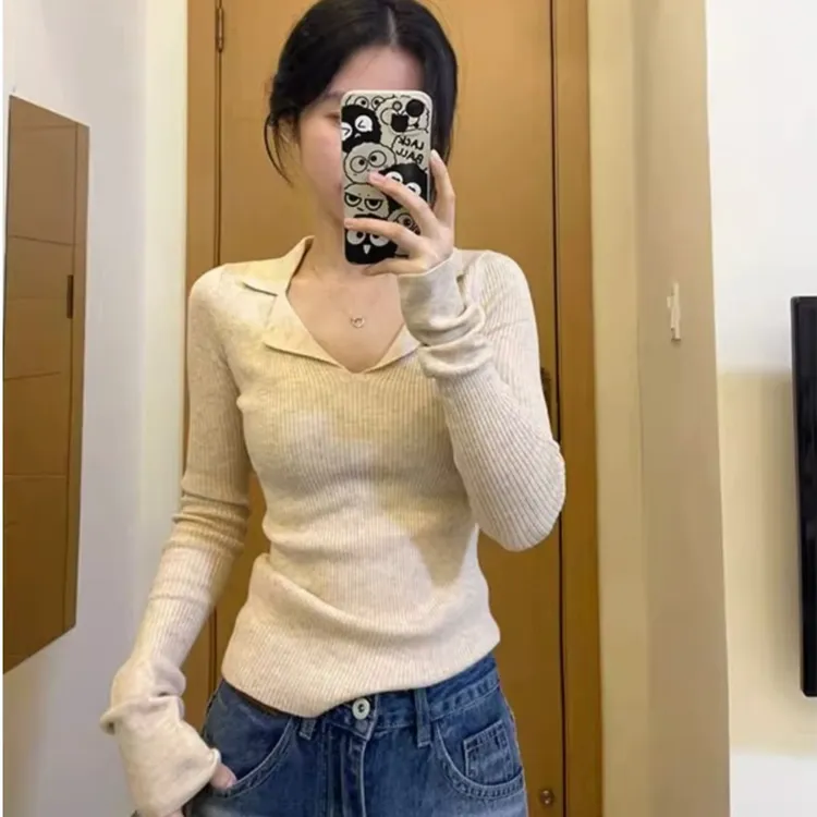 纯欲风辣妹POLO针织衫女春季内搭打底设计感小众修身显瘦别致上衣