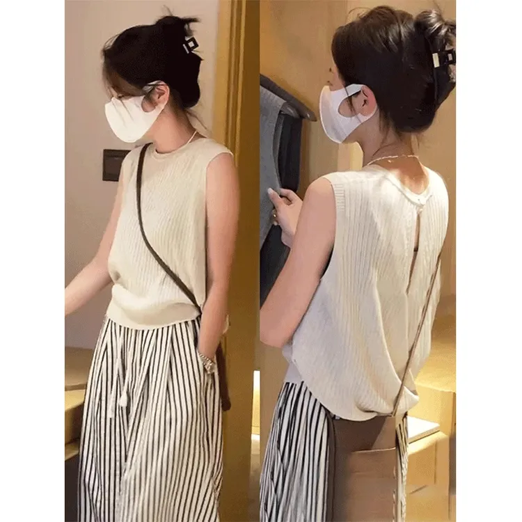 交叉条纹冰丝短袖针织衫女2025新款爆款夏季小众洋气无袖针织上衣