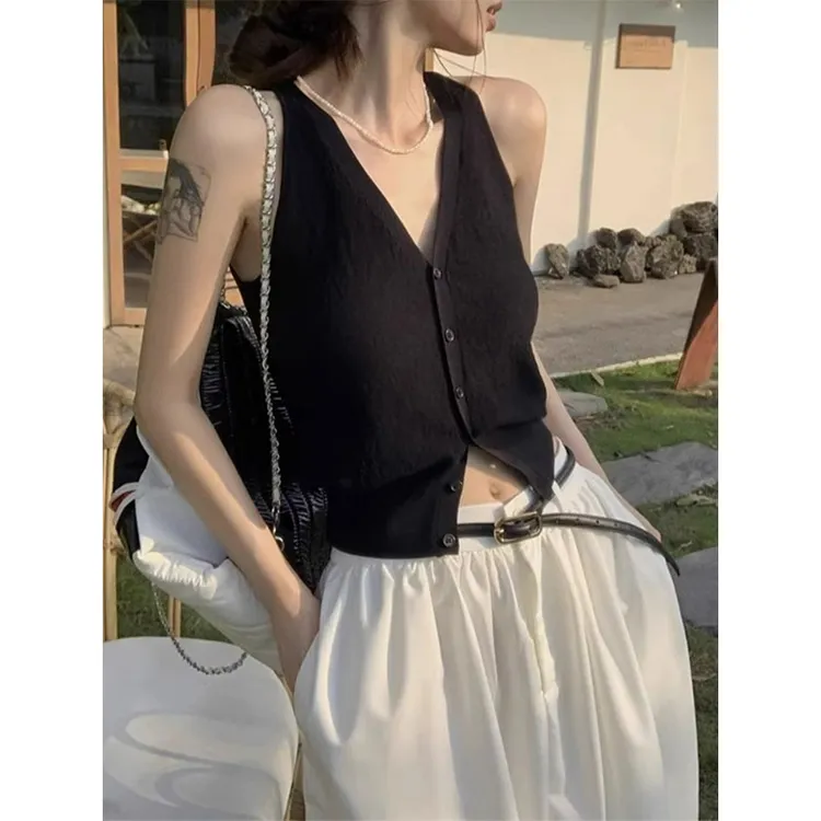 黑色v领内搭针织吊带背心马甲女夏季纯欲风无袖短款开衫上衣外穿