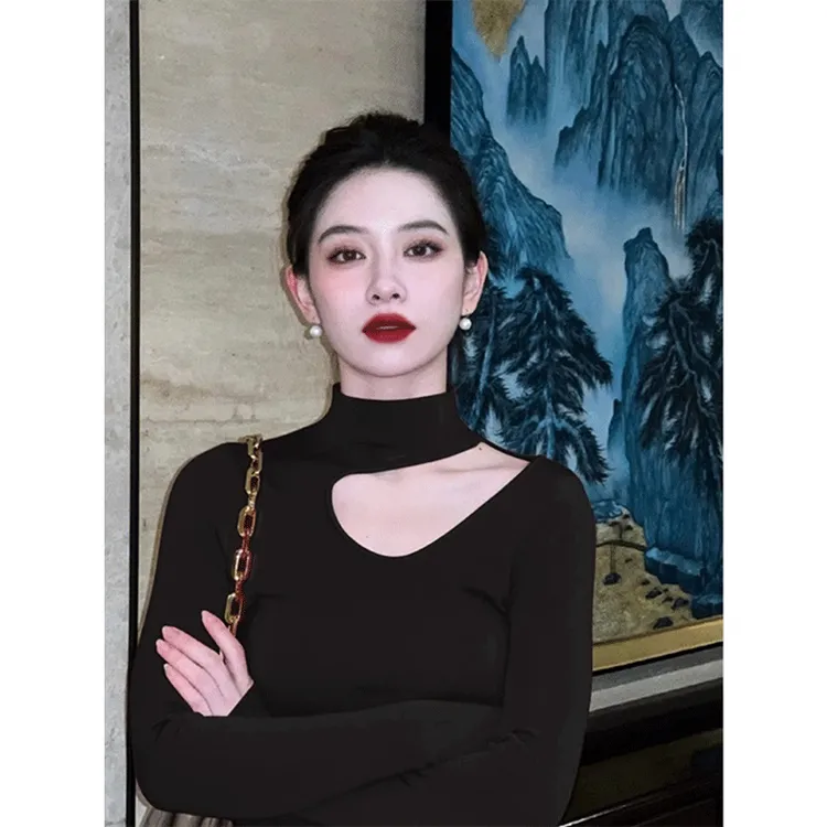 黑色镂空半高领挂脖内搭打底衫女秋冬纯欲修身针织衫锁骨上衣早秋