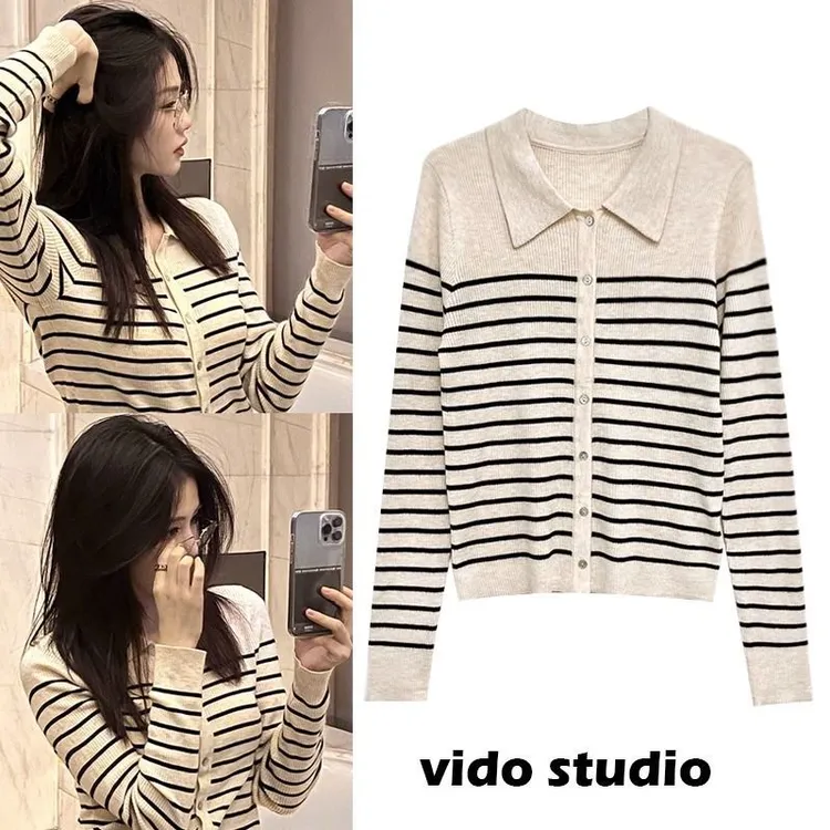 白鹿同款polo翻领条纹针织衫女秋冬修身打底毛衣气质修身上衣开衫