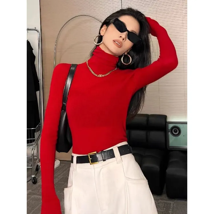 高领修身本命红色打底衫女2024年秋冬新款高级感时尚洋气内搭上衣